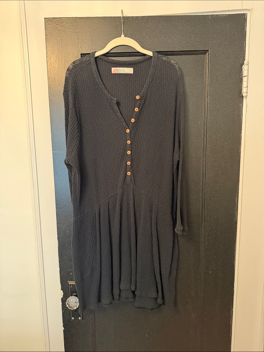Long-Sleeve Black Button Front Ribbed Tunic